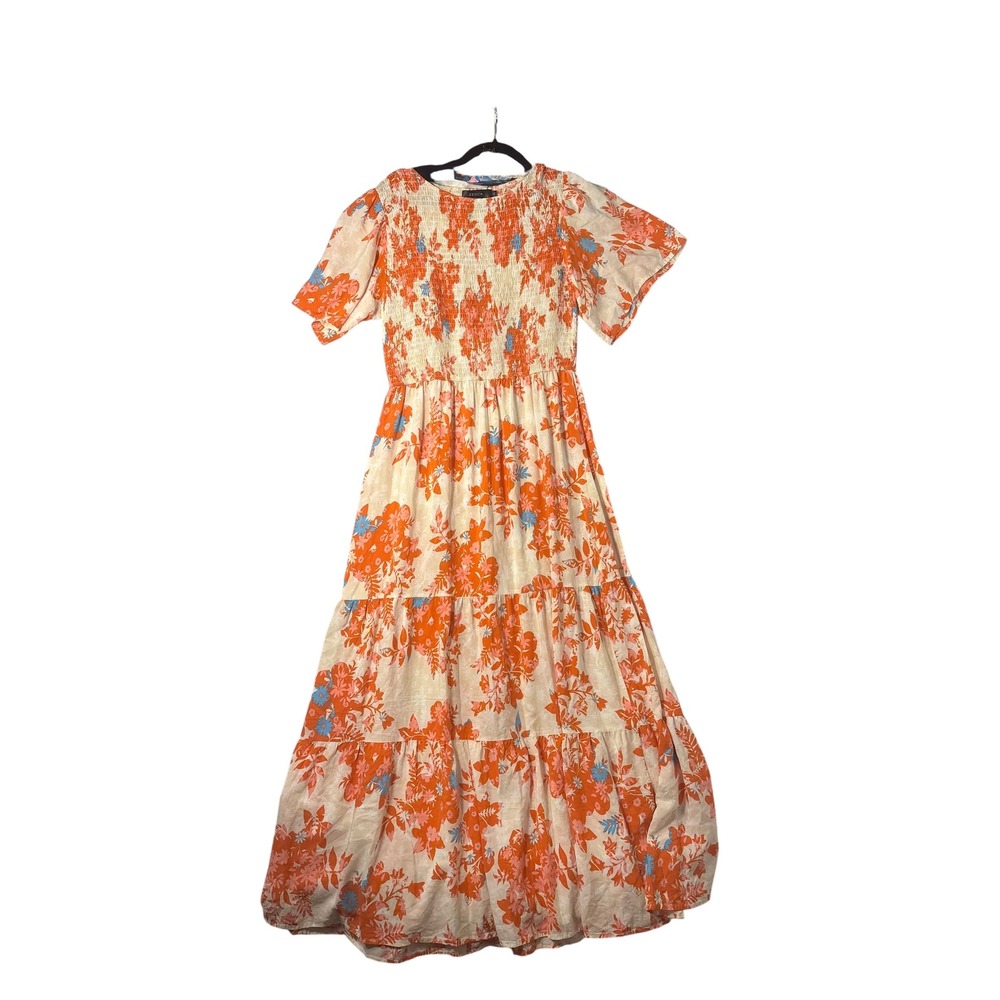 Zesica Floral Smocked Maxi Dress Orange Pink Tiered Flutter Sleeve Boho Size L